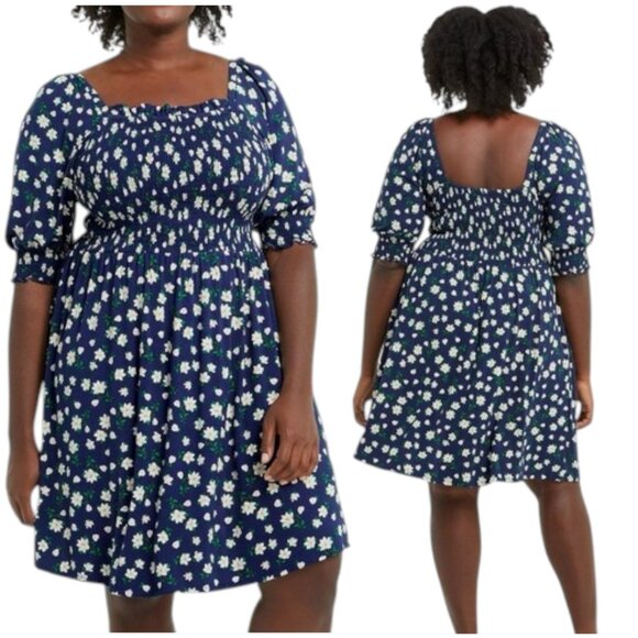 Draper James Jo Dee Navy Floral Smocked Puff Sleeve Midi Dress Size Medium - Picture 17 of 17